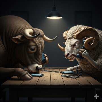 Bulle und Widder führen ein ernstes Telefongespräch an einem schwach beleuchteten Tisch №57081