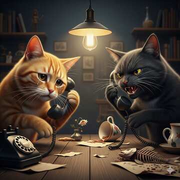 Katzen am Telefon: Eine spielerische Begegnung zwischen einer orangefarbenen Tabby-Katze und einer anthrazitfarbenen Katze №57054