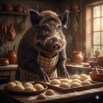 Charmante Küchenszene mit kochendem Schwein in rustikalem Ambiente №57032