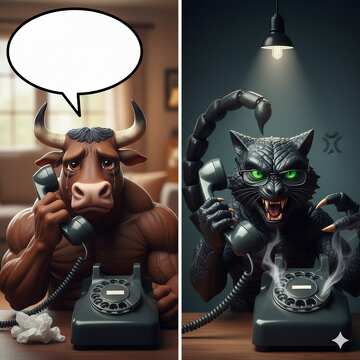 Comic-Illustration eines Stiers und eines Skorpions, die sich auf einem Vintage-Telefon unterhalten №57088