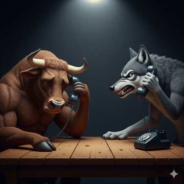 Llamada emocional entre un toro y un lobo - Arte animal con teléfonos №57077