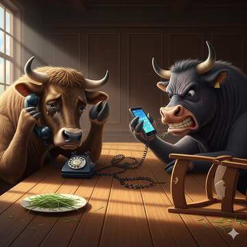 Emotionale Kühe: Eine humorvolle Szene mit Telefonen und Essen №57048