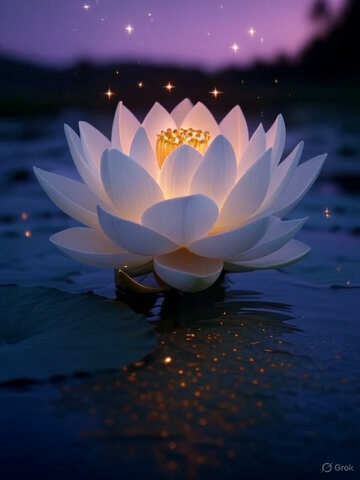 Encantadora flor de loto blanca iluminada por un suave resplandor sobre el agua №57118