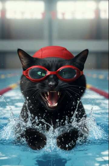 Energische schwarze Katze schwimmt mit Schutzbrille und Kappe №57045