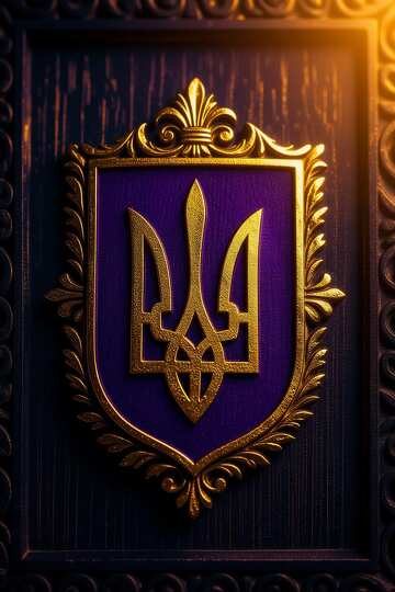 Emblema del tridente ucraniano dorado sobre un fondo morado majestuoso №57100