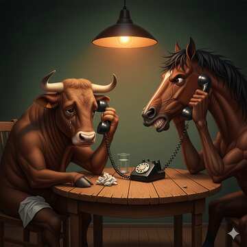 Animales de granja divertidos al teléfono: conversación entre un toro y un caballo №57070