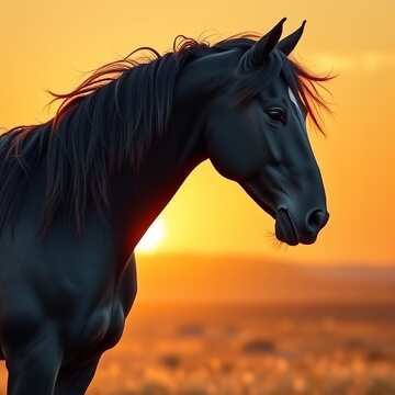 Majestätisches schwarzes Pferd vor einem lebendigen Sonnenuntergang №57046