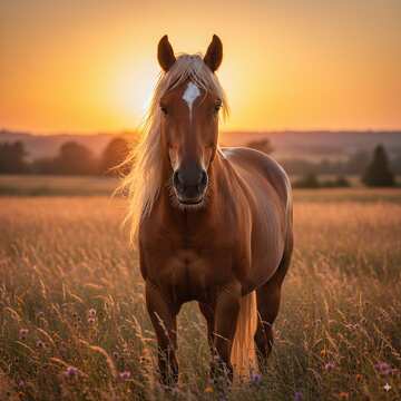 Majestic Chestnut Horse Against Golden Sunset in Serene Field №57042