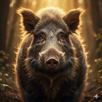 Majestätisches Wildschwein in einer sonnenbeschienenen Waldszene №57040