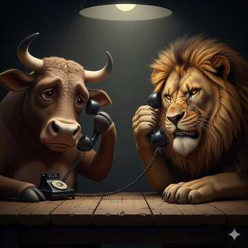 Una conversación surrealista: un león y una vaca en un teléfono antiguo №57079