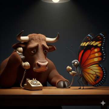 Skurrile Unterhaltung: Kuh und Schmetterling tauschen Gedanken über ein Vintage-Telefon aus №57082