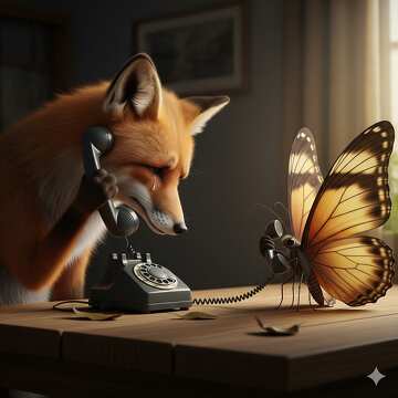 Skurriler Fuchs spricht auf Vintage-Telefon mit Schmetterlingsbegleiter №57090