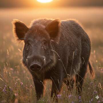 Wildschwein bei Sonnenuntergang auf einer ruhigen Wiese №57031