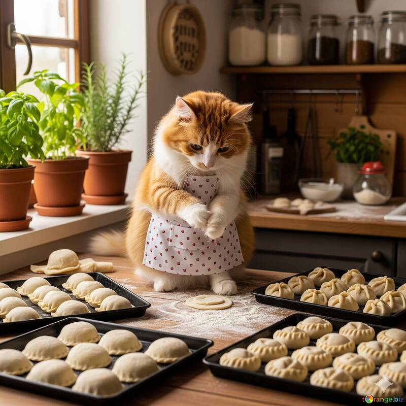 Gato adorável assando bolinhos em uma cozinha aconchegante №57029