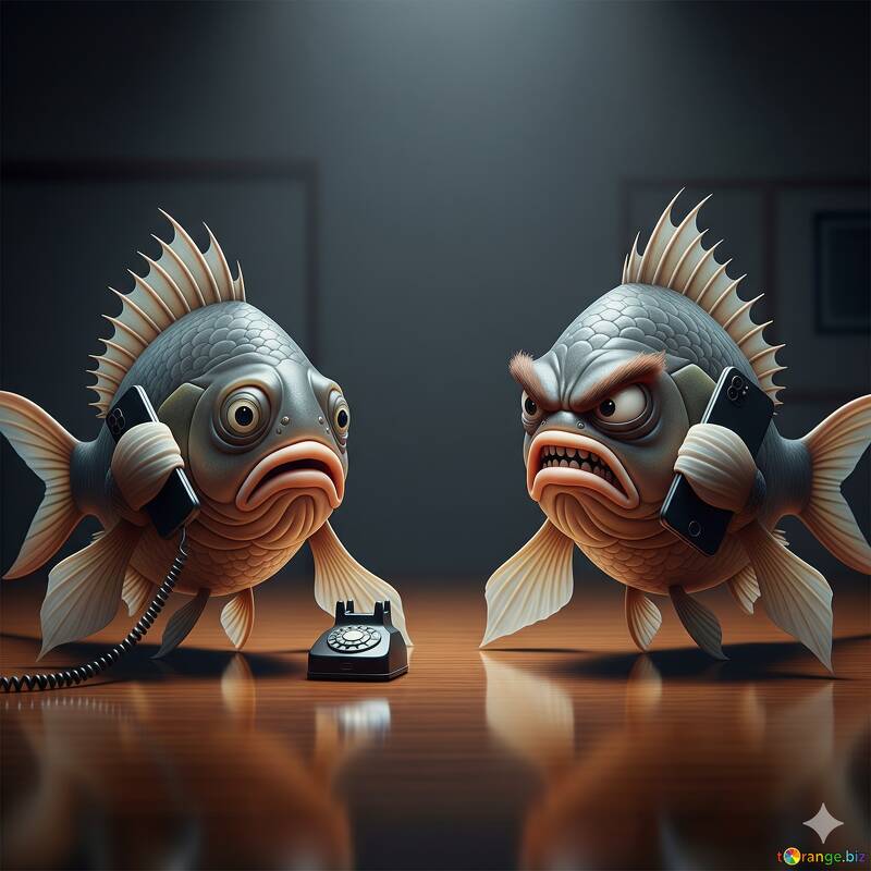 Angry Fish on the Phone: Humorous Aquatic Scene with Characterful Fish №57058