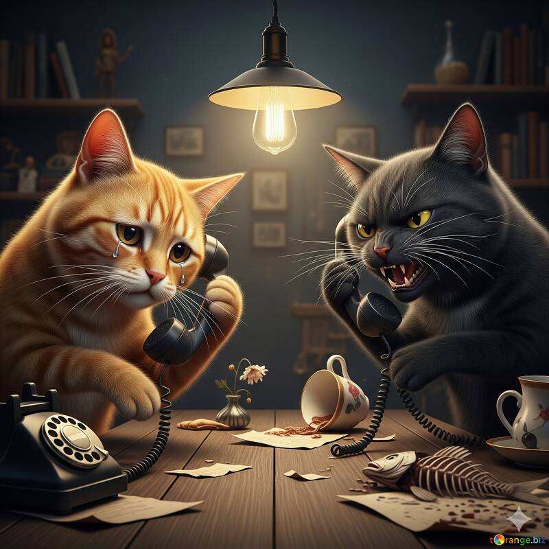 Katzen am Telefon: Eine spielerische Begegnung zwischen einer orangefarbenen Tabby-Katze und einer anthrazitfarbenen Katze №57054