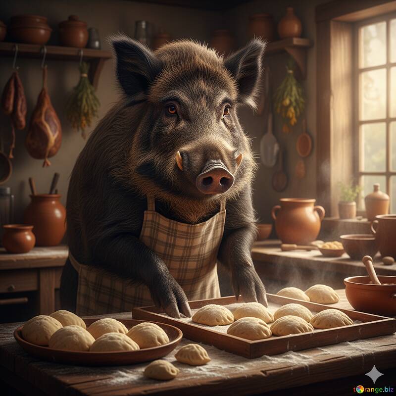 Charmante Küchenszene mit kochendem Schwein in rustikalem Ambiente №57032