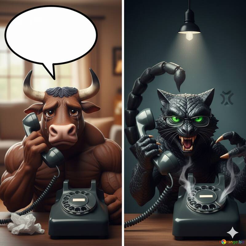 Kosmische Konversation: Ein Stier und eine Katze auf Vintage-Telefonen №57072