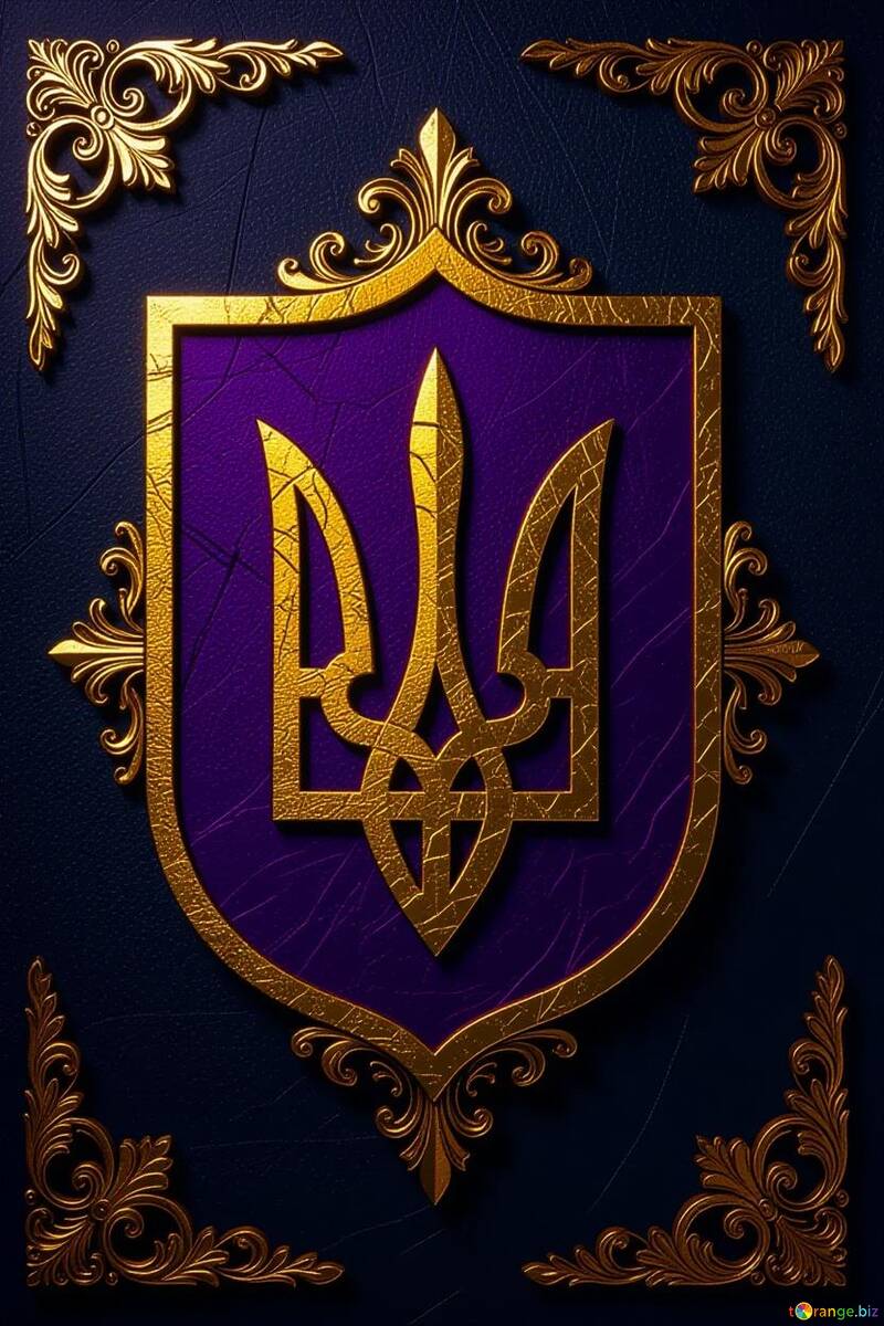 Elegante emblema tridente ucraniano dorado y morado con marco ornamentado №57104
