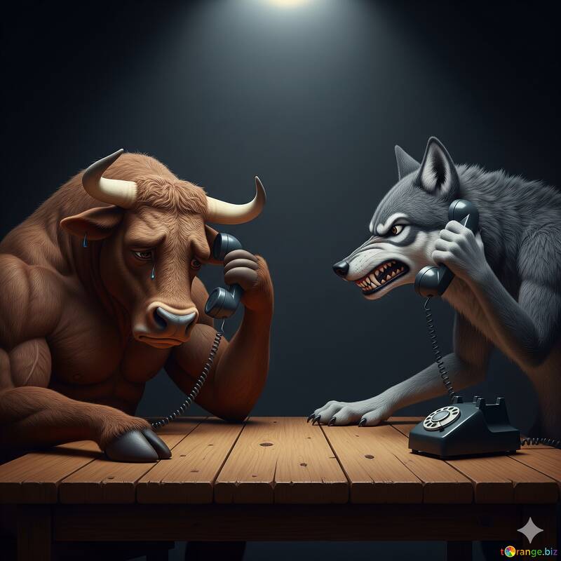 雄牛とオオカミの感情的な通話 - 携帯電話を使った動物アート №57077