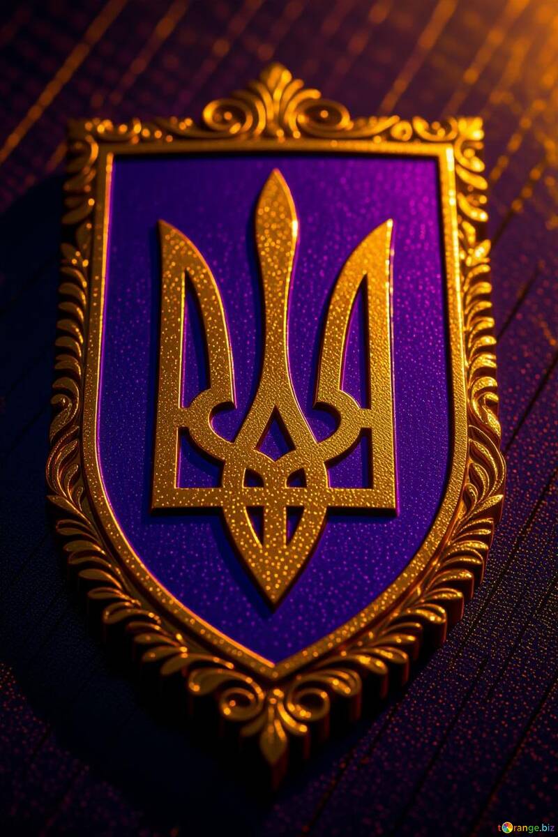 Gold and Purple Ukrainian Trident Emblem on Rich Background №57112