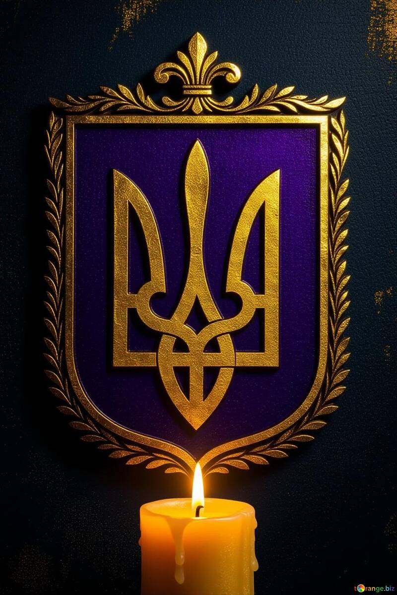 Golden Trident Symbol of Ukraine Against Dark Background with Candlelight №57116