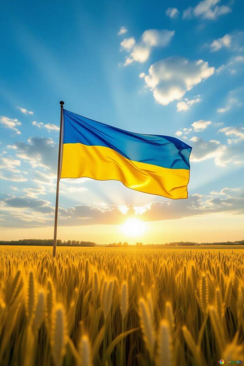 Goldene Weizenfelder unter der ukrainischen Flagge bei Sonnenuntergang №57097