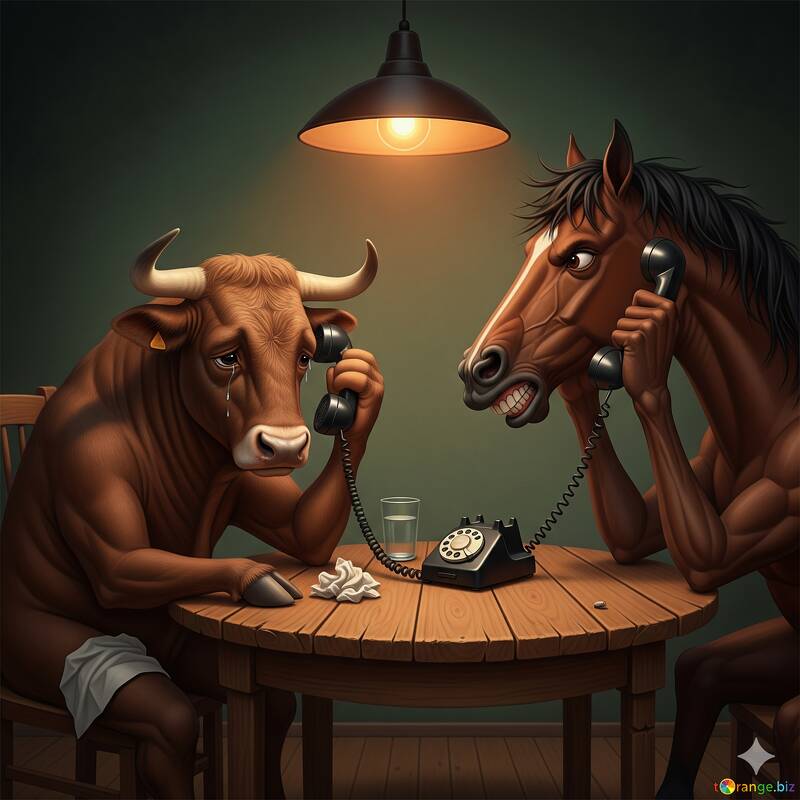 Humorvolle Bauernhoftiere am Telefon - Gespräch zwischen Stier und Pferd №57070