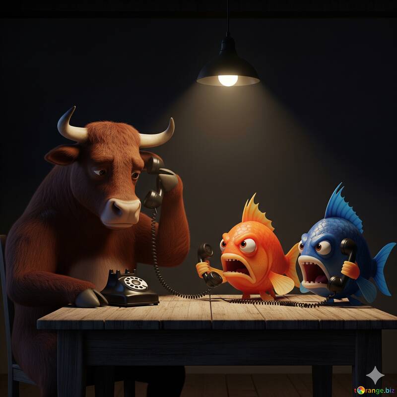 Гумористична сцена з коровою та рибою під час старовинного телефонного дзвінка №57064