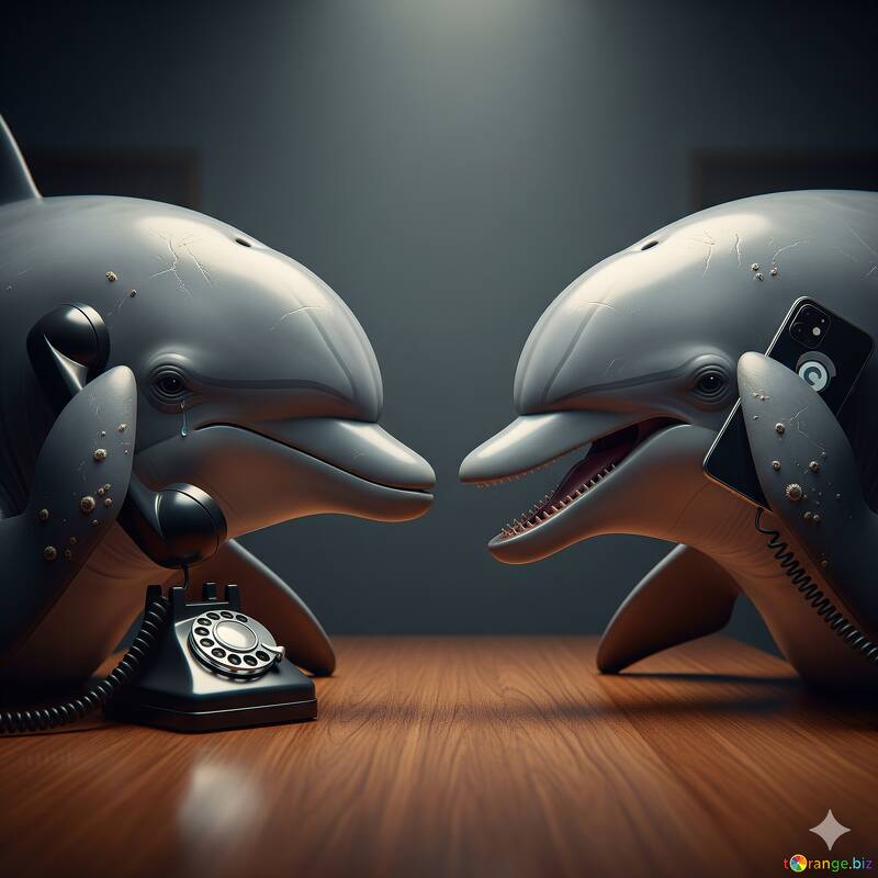 Delfines juguetones con teléfono antiguo y smartphone moderno: una escena acuática caprichosa №57057