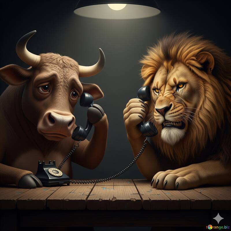 Uma conversa surreal: um leão e uma vaca em um telefone antigo №57079
