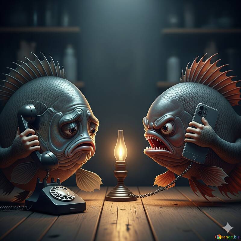 Due pesci da cartone animato impegnati in un'accesa conversazione telefonica sotto una lanterna №57052