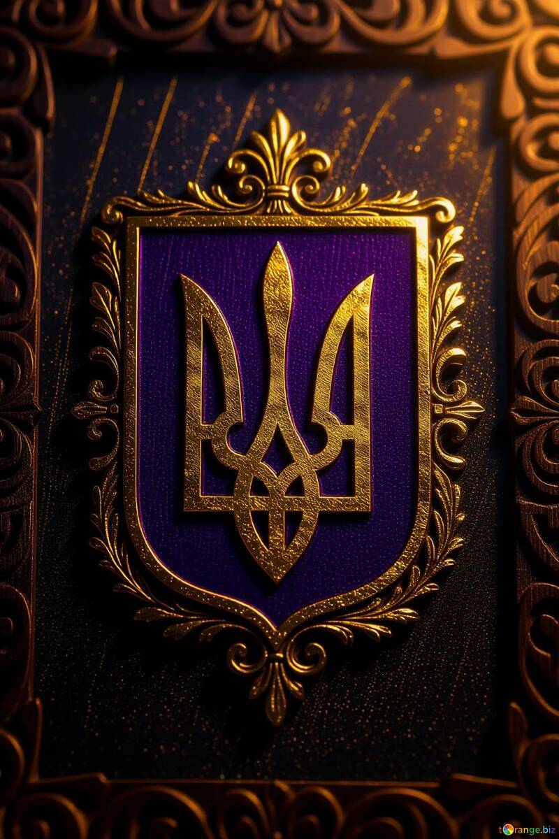 Ukrainisches Wappen - Goldenes Dreizack-Emblem in verziertem Rahmen №57105