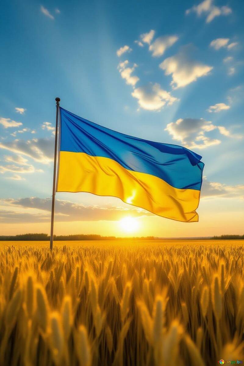 Ukrainische Flagge weht im goldenen Weizenfeld bei Sonnenuntergang №57098