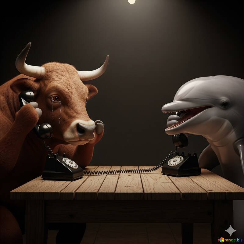 Whimsical Conversation: A Cow and Dolphin Engaged in a Phone Call №57084