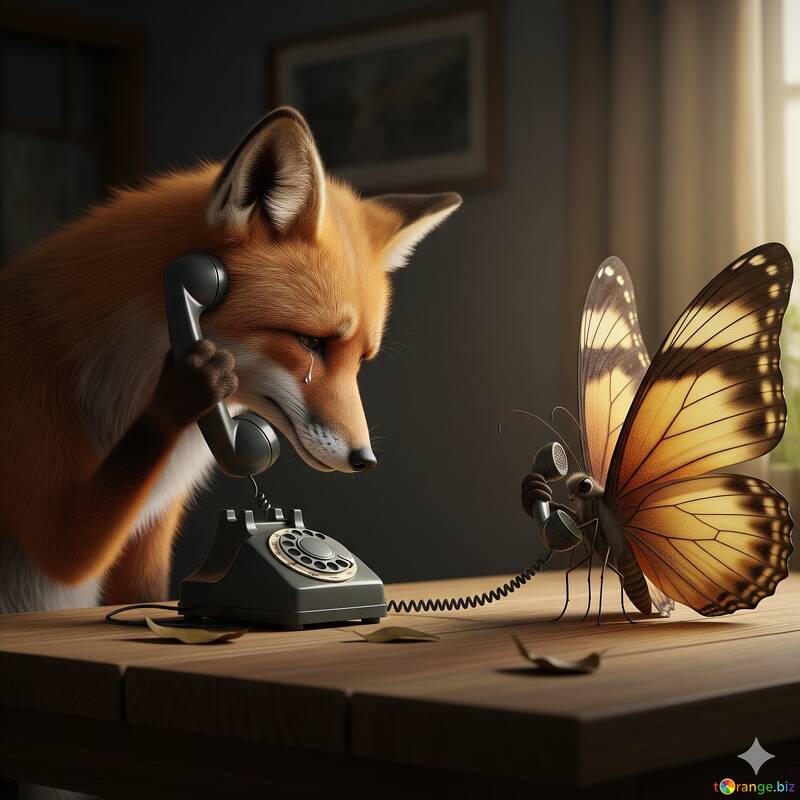 Zorro caprichoso al teléfono con mariposa: Un encuentro surrealista №57074