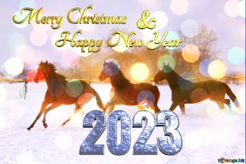 Merry Christmas 2023  Happy New Year &  Horses running in the snow Christmas background
