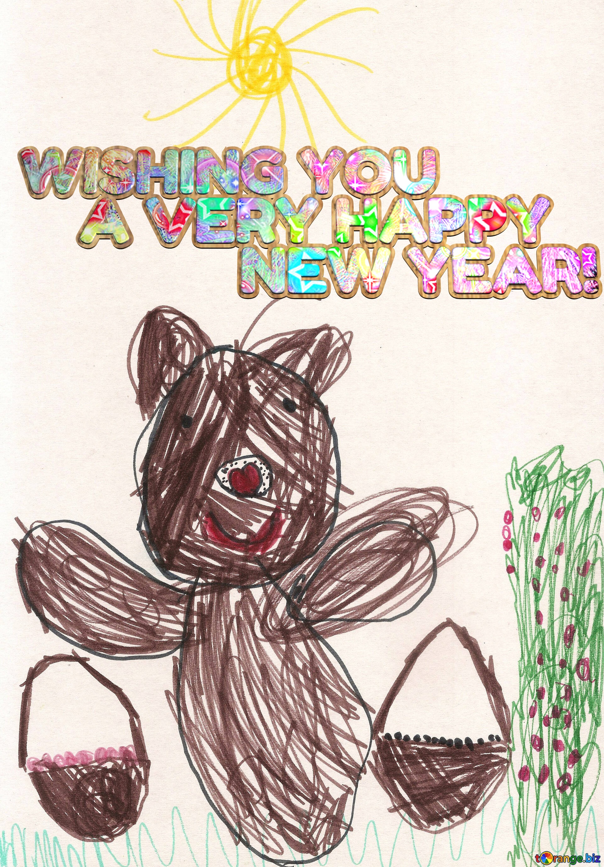 WISHING YOU   A VERY HAPPY    NEW YEAR! Children`s drawing bear collect berries №42748