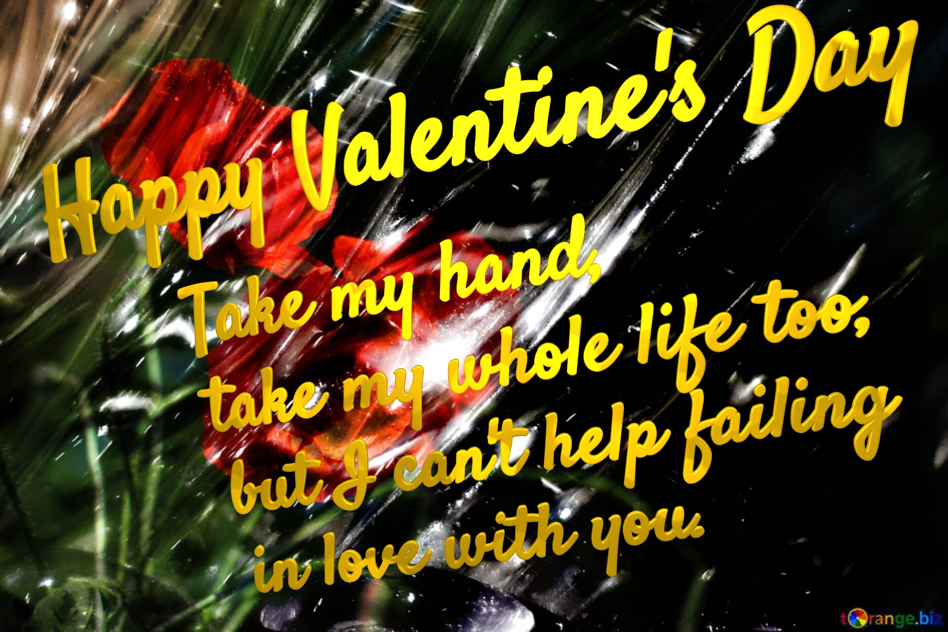 Happy Valentine`s Day quotes Take my hand,  take my whole life too,  but I can`t help failing  in love with you. Beautiful Glass poppies flower  background №0