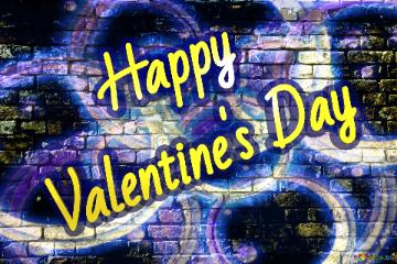 Graffiti Happy Valentine`s Day Neon Art  Old Brick Wall