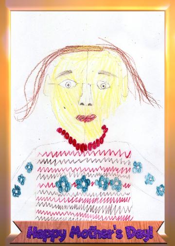 Children portrait of mom. Happy Mother`s Day! Children`s drawing a portrait of mom
