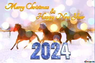 Merry Christmas 2024  Happy New Year &  Horses running in the snow Christmas background
