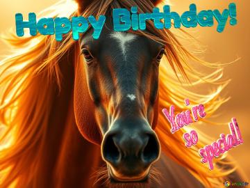 Happy Birthday! You`re  So    Special!   Majestic Horse Portrait With Flowing Mane In Golden Light