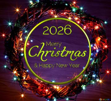 Merry & Happy New Year Christmas 2026   Christmas lights wreath blue background 