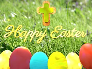 Happy Easter green grass, cross, eggs