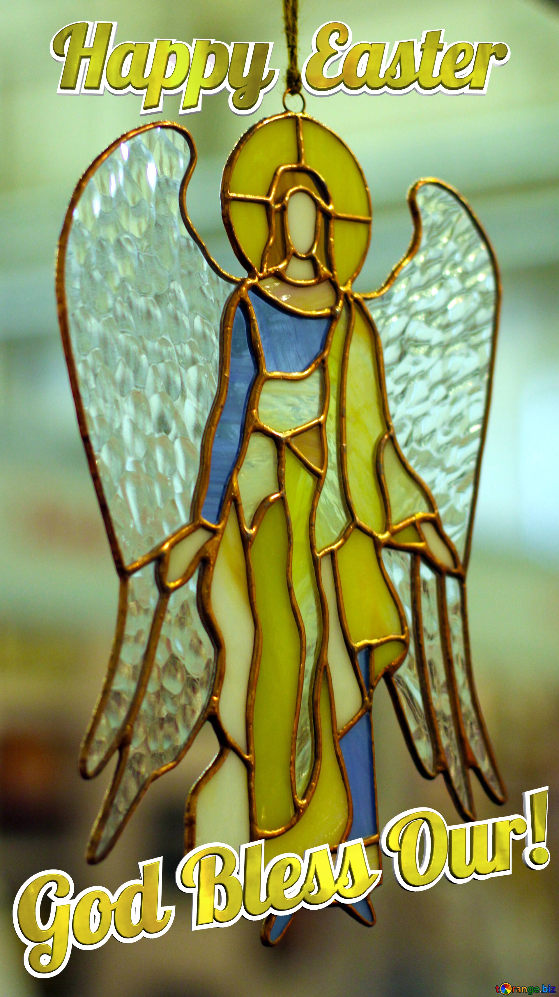 Angel God Bless Our! Happy Easter Stained glass. Angel of colored glass №49161