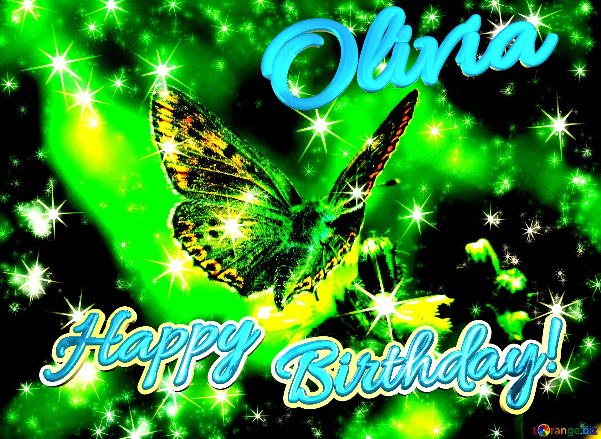 Butterfly Olivia Happy Birthday! Flying butterfly background with clusters of bright twinkling stars №0