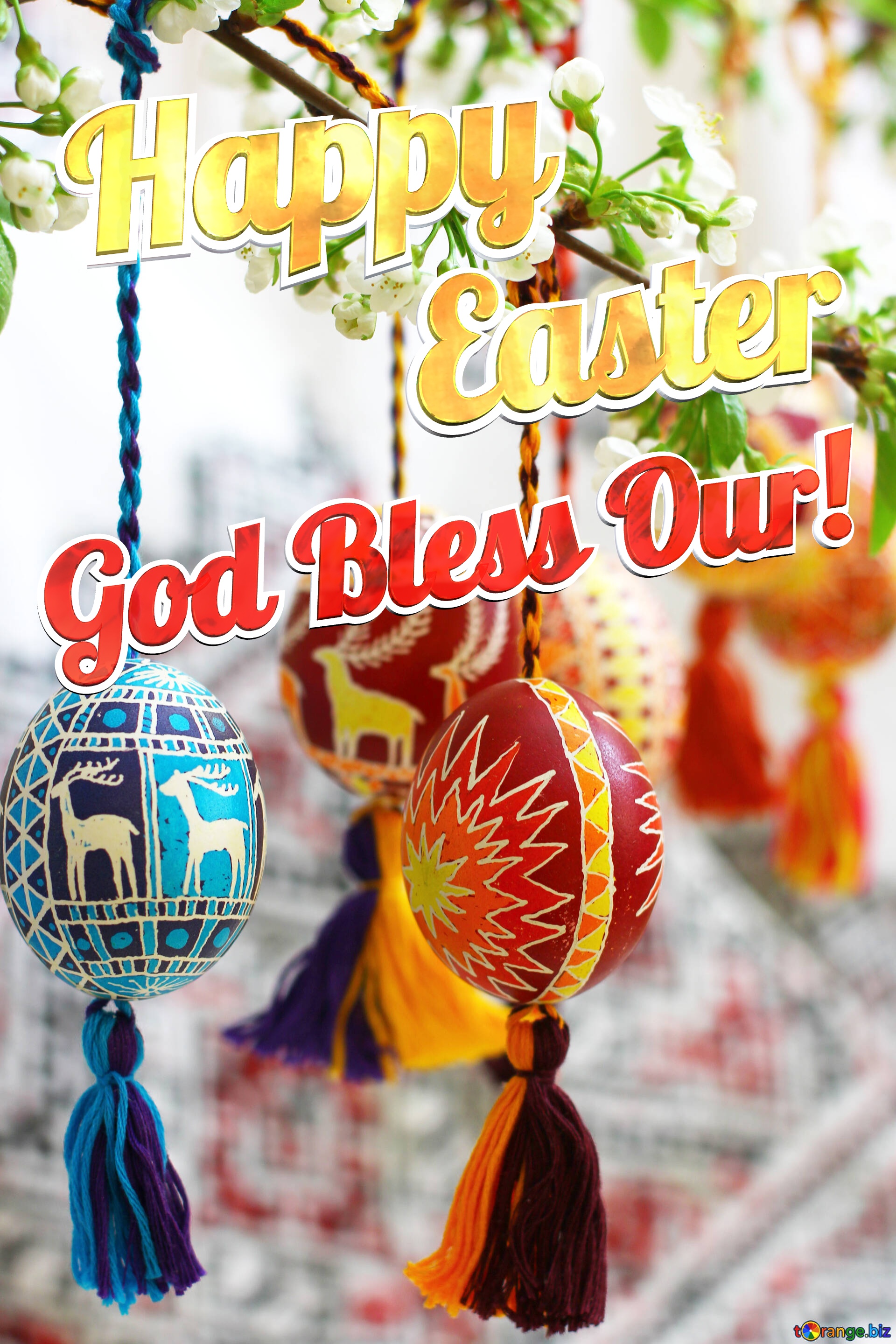 Easter image God Bless Our! Easter eggs hanging on tree №30223