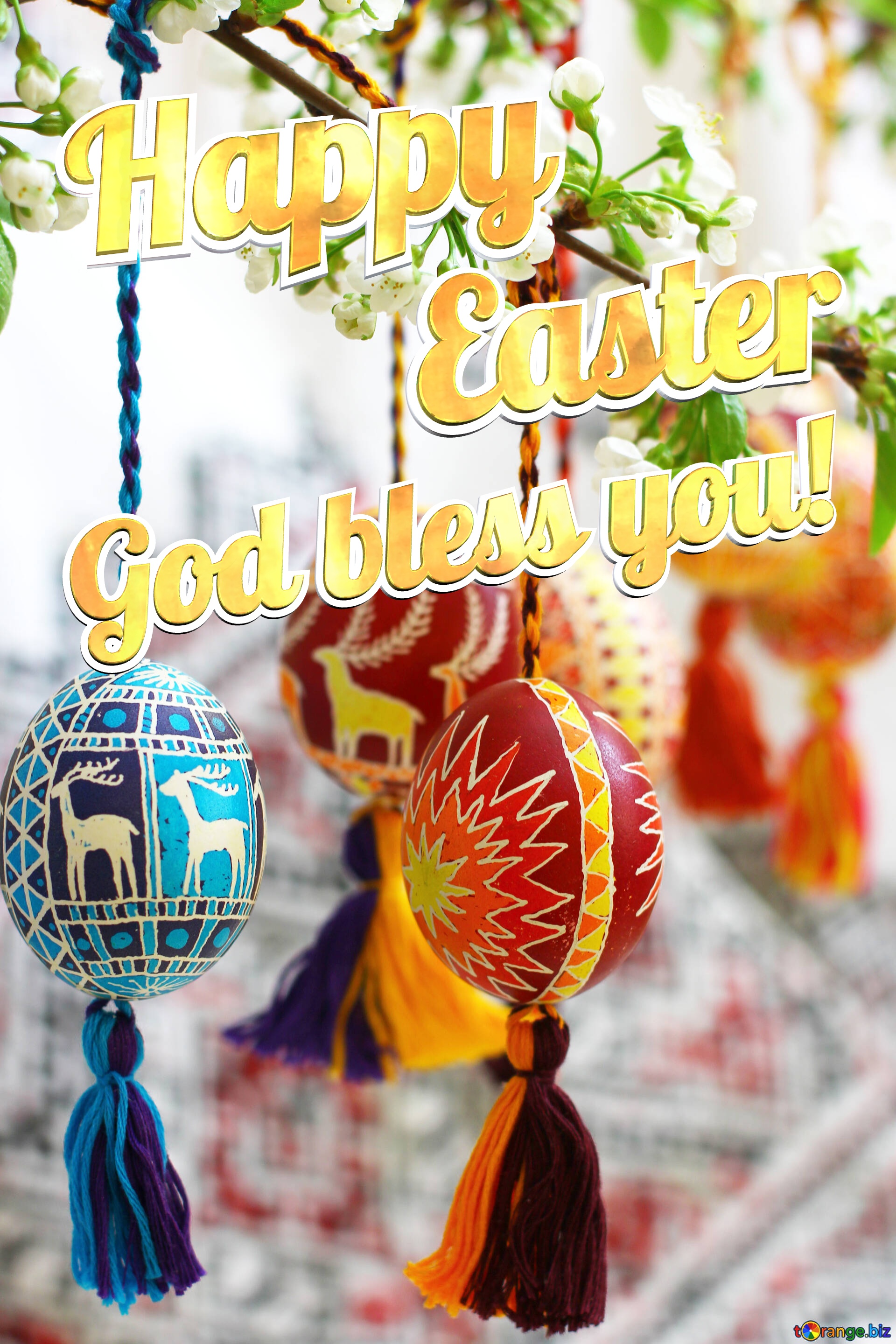 Happy Easter Wishes God bless you! Easter eggs hanging on tree №30223