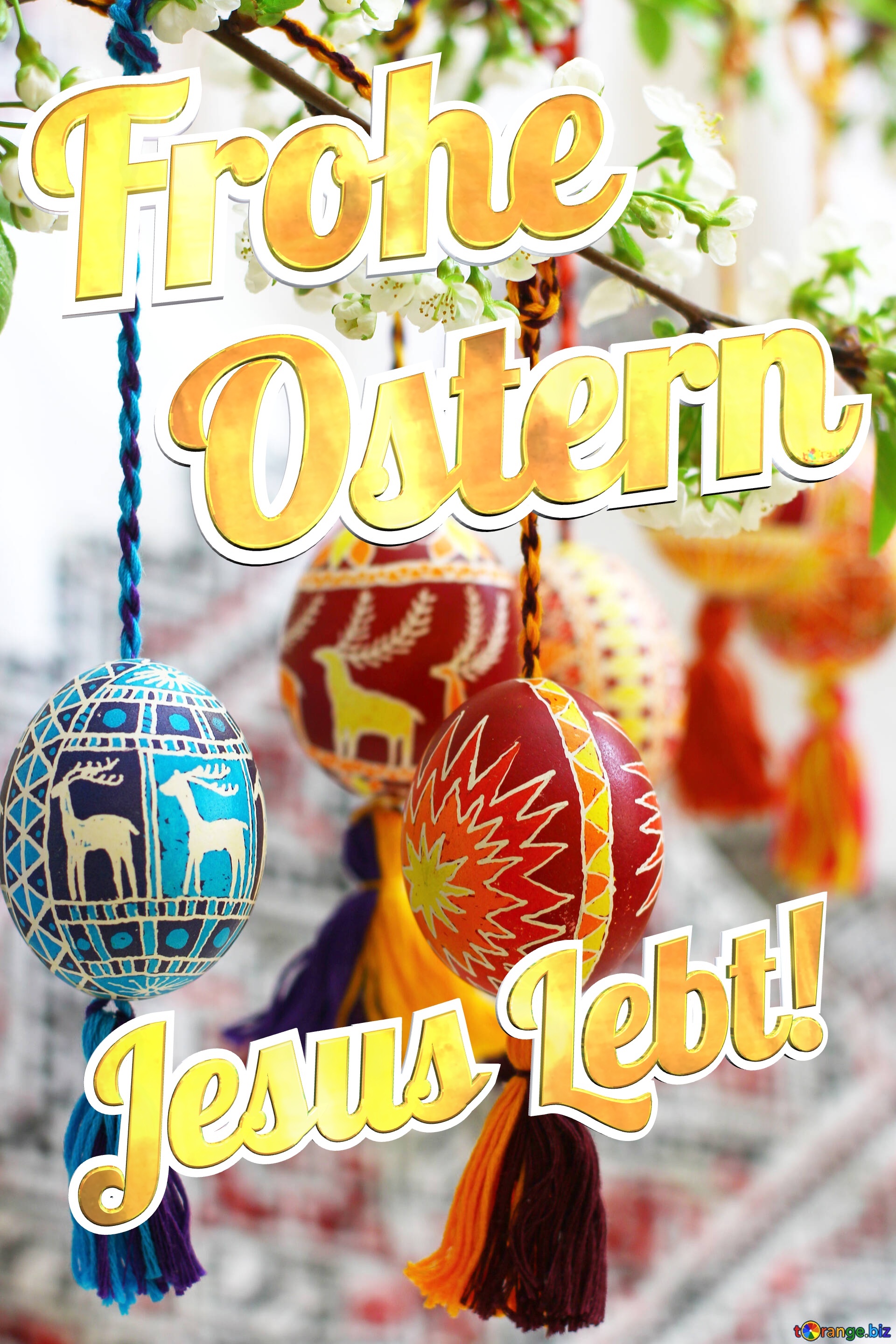Frohe Ostern Jesus Lebt! Easter eggs hanging on tree №30223